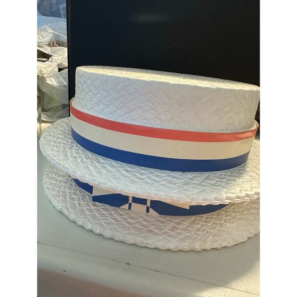 2 Styrofoam Hats Red White Blue Campaign July 4th Line Paper Ribbon Vintage - Picture 3 of 6
